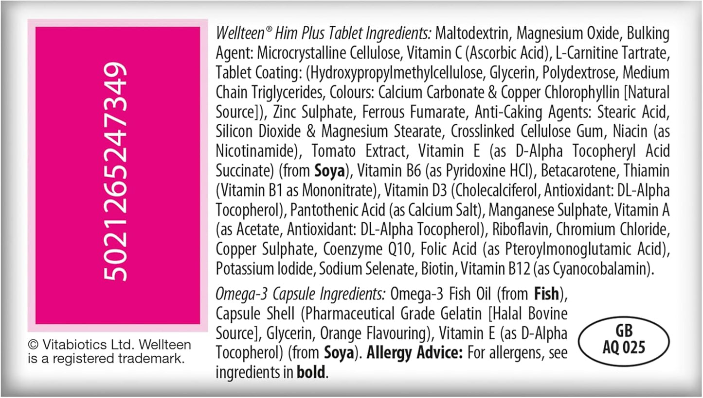 Vitabiotics Wellteen Him Plus Omega-3 - Complete Nutritional Support for Teenage Boys and Young Men 13-19 - 56 Tablets & Capsules