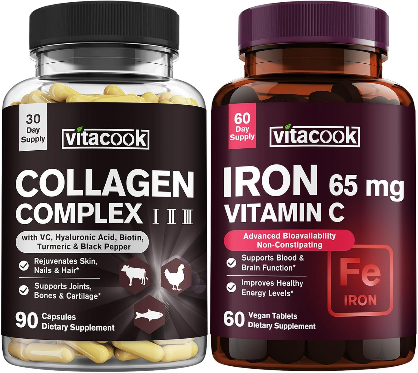 Vitacook Collagen Peptides and Iron Bundle - 2025 MG Collagen, Zero Sugar, 65 MG Elemental Iron, Carbonyl Iron with Vitamin C - Gentle on The Stomach