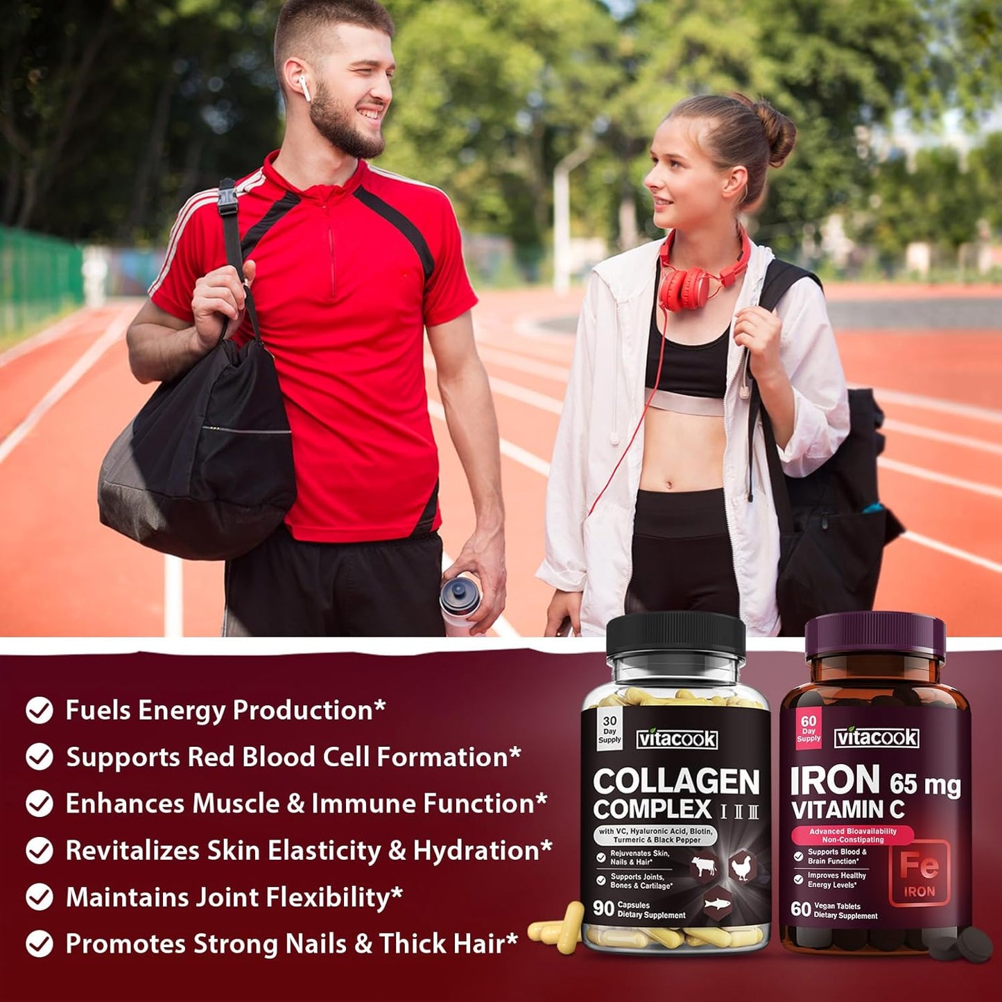 Vitacook Collagen Peptides and Iron Bundle - 2025 MG Collagen, Zero Sugar, 65 MG Elemental Iron, Carbonyl Iron with Vitamin C - Gentle on The Stomach