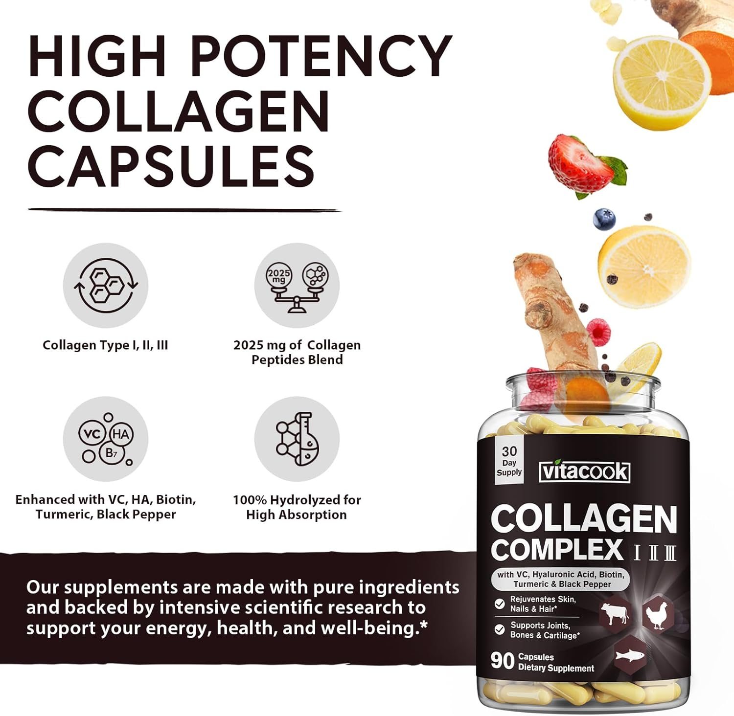 Vitacook Collagen Peptides and Iron Bundle - 2025 MG Collagen, Zero Sugar, 65 MG Elemental Iron, Carbonyl Iron with Vitamin C - Gentle on The Stomach