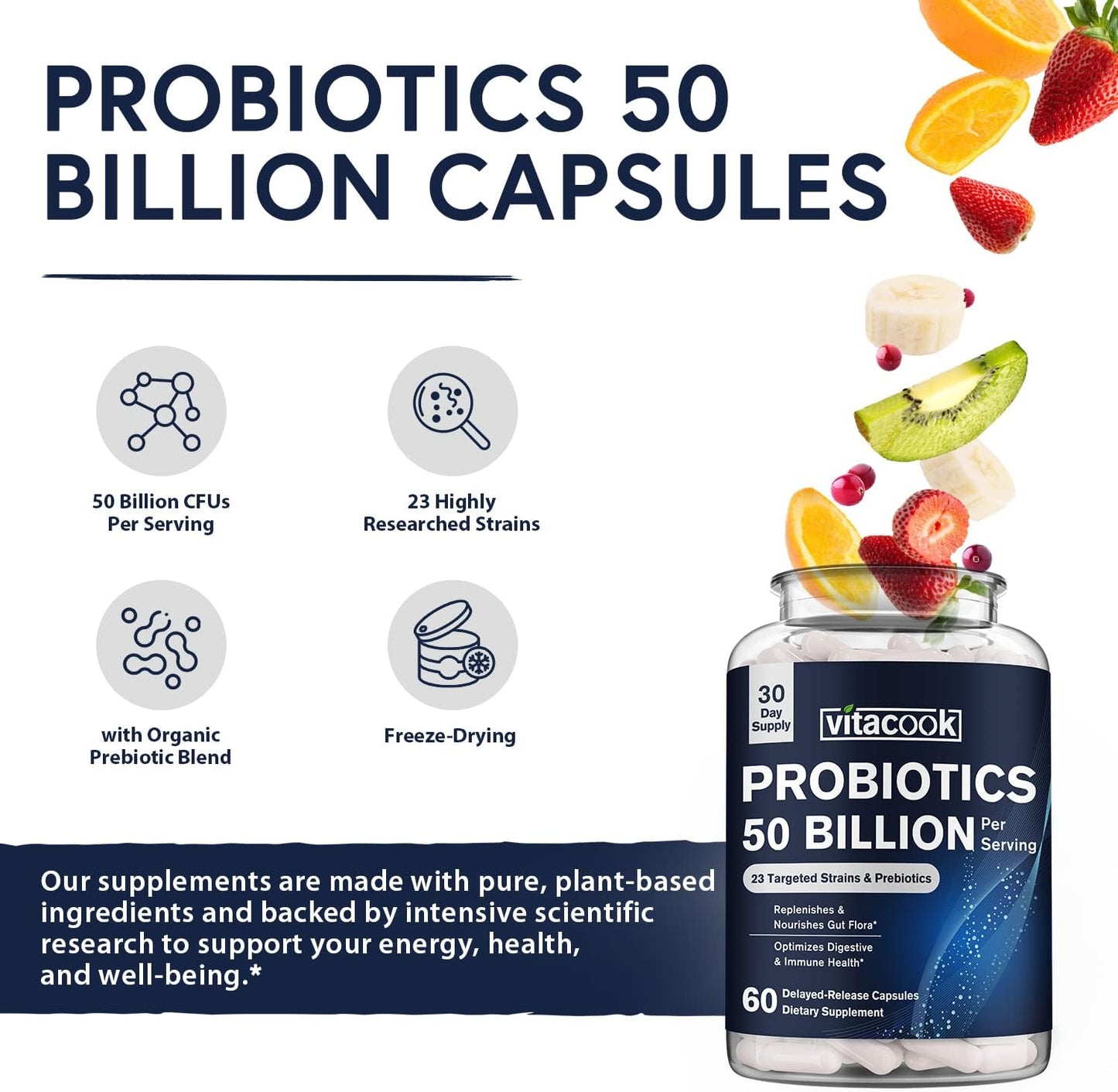 Vitacook Probiotics 50 Billion: 23 Strains + Organic Prebiotics, Digestive & Immune Support - Freeze-Dried Vegan Caps, Delayed-Release Formula