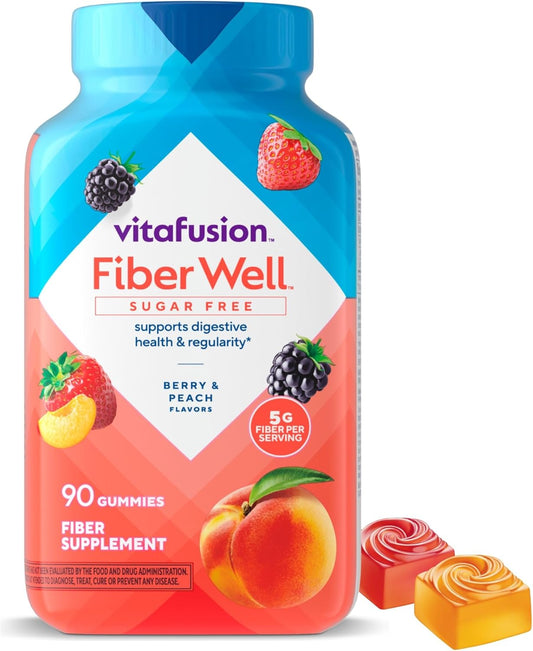 Vitafusion Fiber Well Sugar Free Gummy Supplements, Peach, Strawberry, Blackberry Flavored, 90 Count