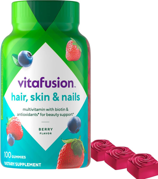 Vitafusion Gorgeous Hair, Skin Nails Multivitamin Gummy Vitamins with Biotin and Antioxidants - 100ct Raspberry Flavor - America’s Top Gummy Vitamin Brand