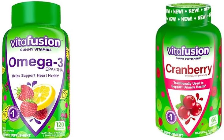 Vitafusion Omega-3 Heart Health Gummy Vitamins for Women with Cranberry - 120 Count Berry Lemonade Gummies, 60 Count 500mg Cranberry Juice Concentrate - EPA/DHA Omega 3