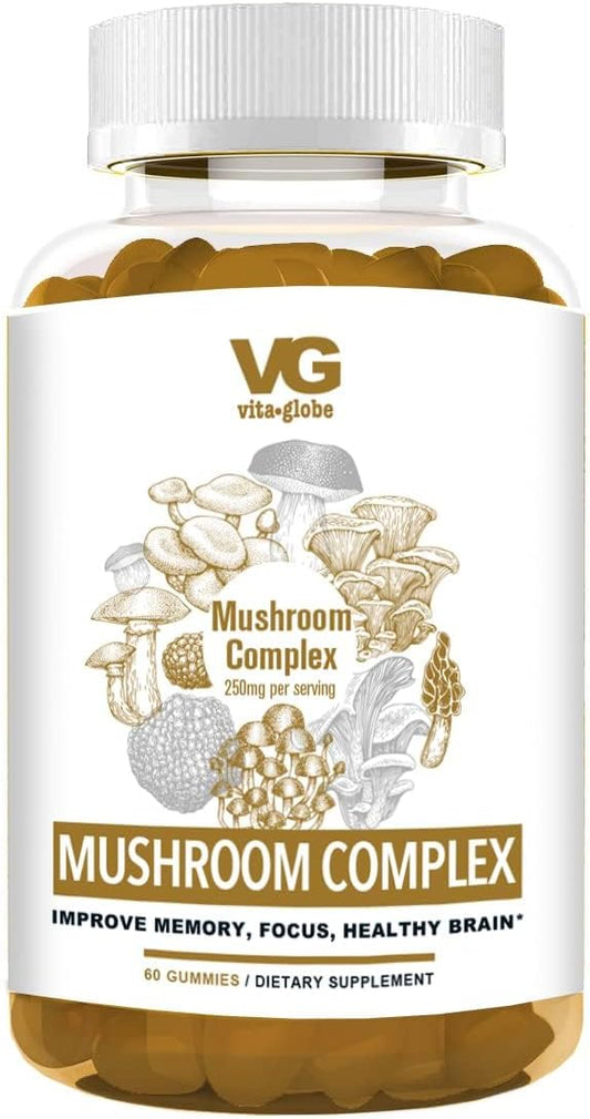 VitaGlobe Mushroom Complex 250mg Gummy Supplement - Immune Defense, Energy & Brain Health Support - 60 Count