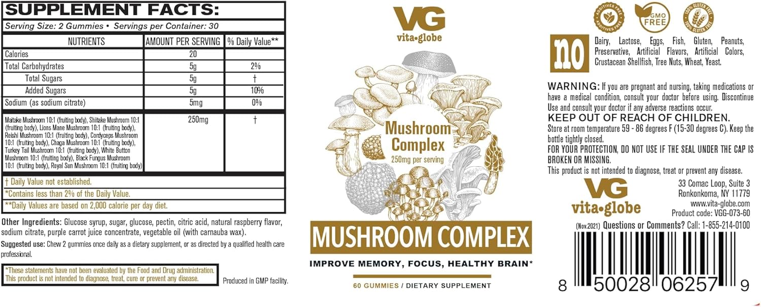 VitaGlobe Mushroom Complex 250mg Gummy Supplement - Immune Defense, Energy & Brain Health Support - 60 Count