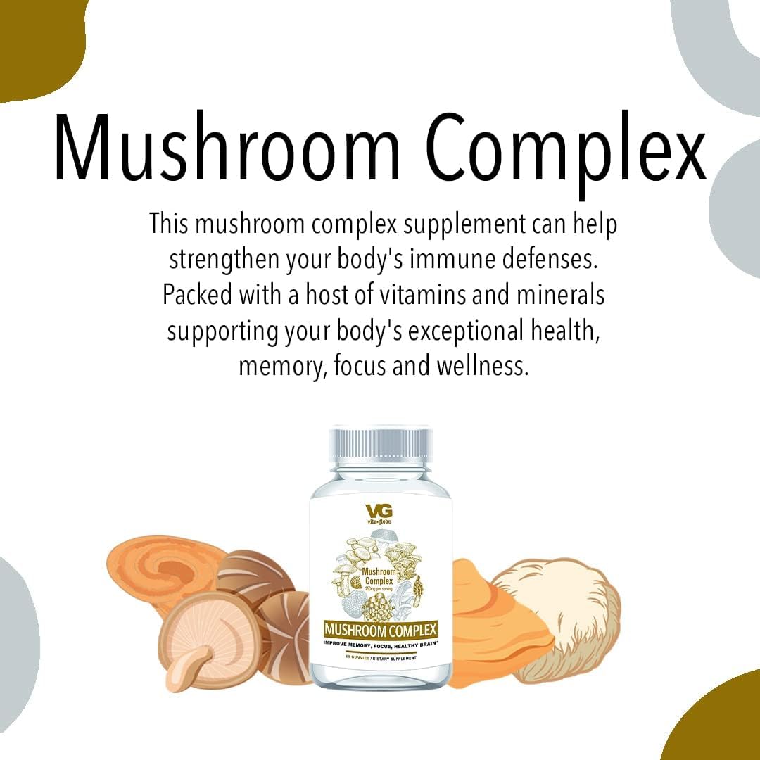 VitaGlobe Mushroom Complex 250mg Gummy Supplement - Immune Defense, Energy & Brain Health Support - 60 Count