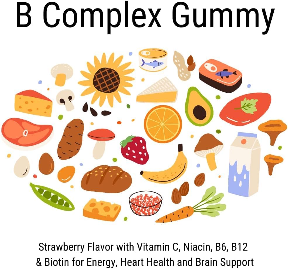 VitaGlobe Strawberry B Complex Gummy with Vitamin C, Niacin, B6, B12 & Biotin - 60 Count for Energy, Heart & Brain Support