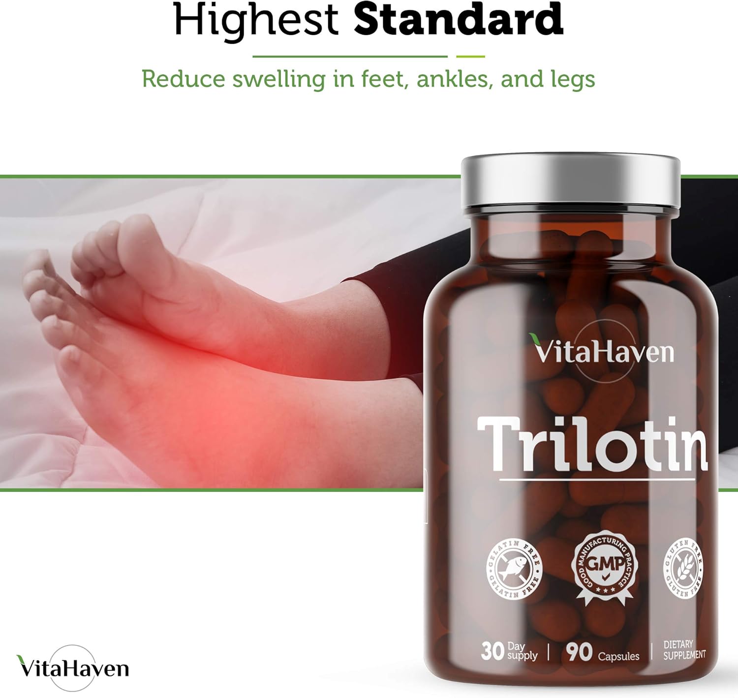 VitaHaven Trilotin: Natural Edema Relief for Swollen Feet and Ankles - Reduce Water Retention with Dandelion Root and Parsley Leaf Formula for Women and Men
