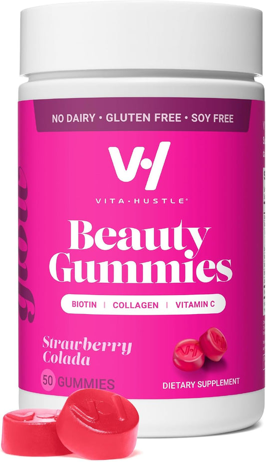 VitaHustle Beauty Gummies: High Biotin & Collagen, Vitamin C, B-Complex, Strong Hair, Skin & Nails, Low Sugar, Non GMO, Strawberry Colada - 50 Count