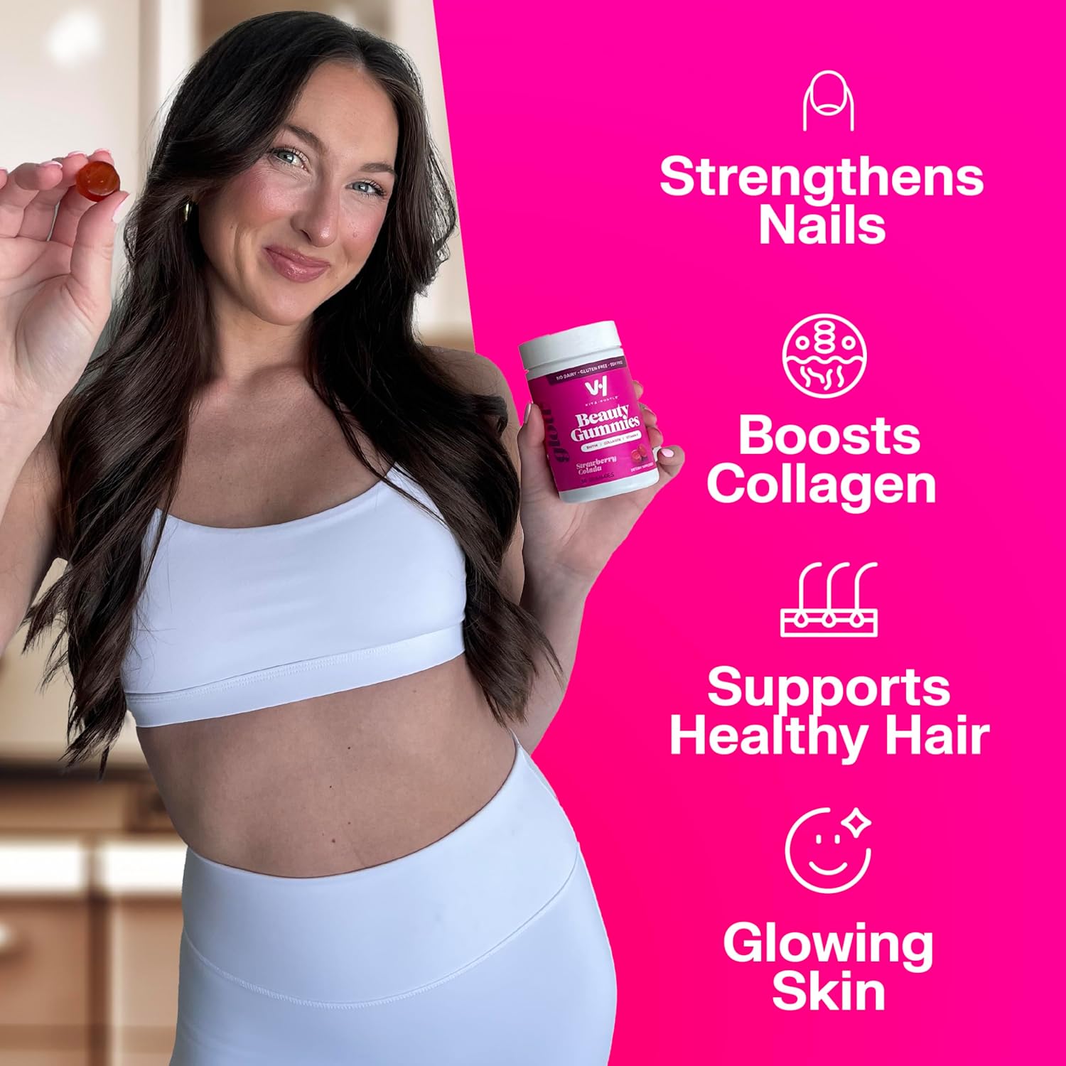 VitaHustle Beauty Gummies: High Biotin & Collagen, Vitamin C, B-Complex, Strong Hair, Skin & Nails, Low Sugar, Non GMO, Strawberry Colada - 50 Count