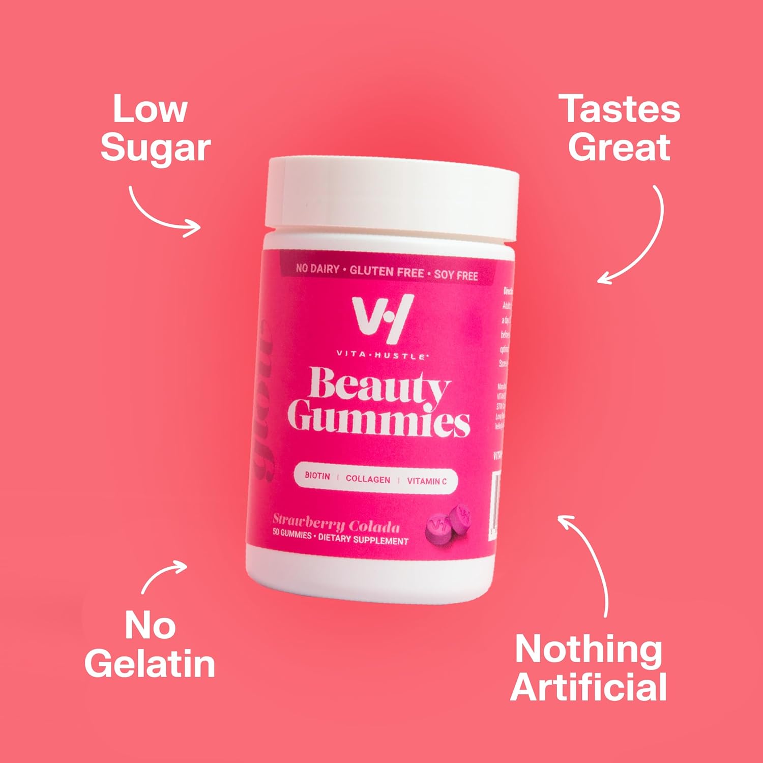 VitaHustle Beauty Gummies: High Biotin & Collagen, Vitamin C, B-Complex, Strong Hair, Skin & Nails, Low Sugar, Non GMO, Strawberry Colada - 50 Count