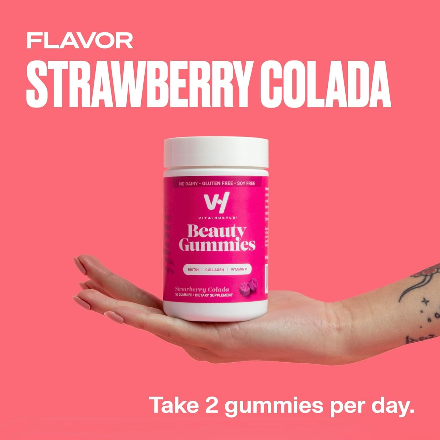 VitaHustle Beauty Gummies: High Biotin & Collagen, Vitamin C, B-Complex, Strong Hair, Skin & Nails, Low Sugar, Non GMO, Strawberry Colada - 50 Count