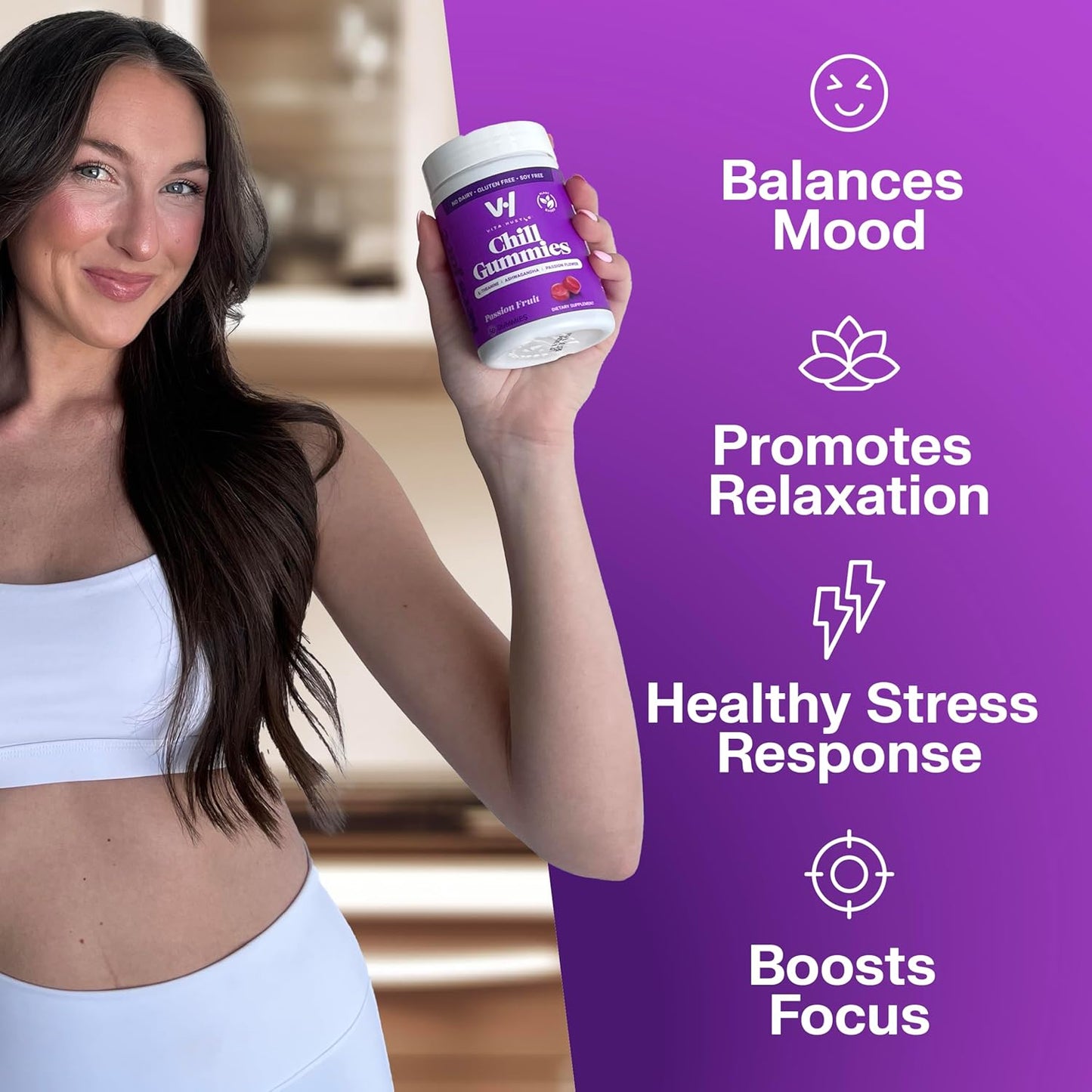 VitaHustle Stress Relief Gummies with 300mg KSM 66 Ashwagandha & L-Theanine - Vegan Mood Gummies for Balance, Focus - 50 Count