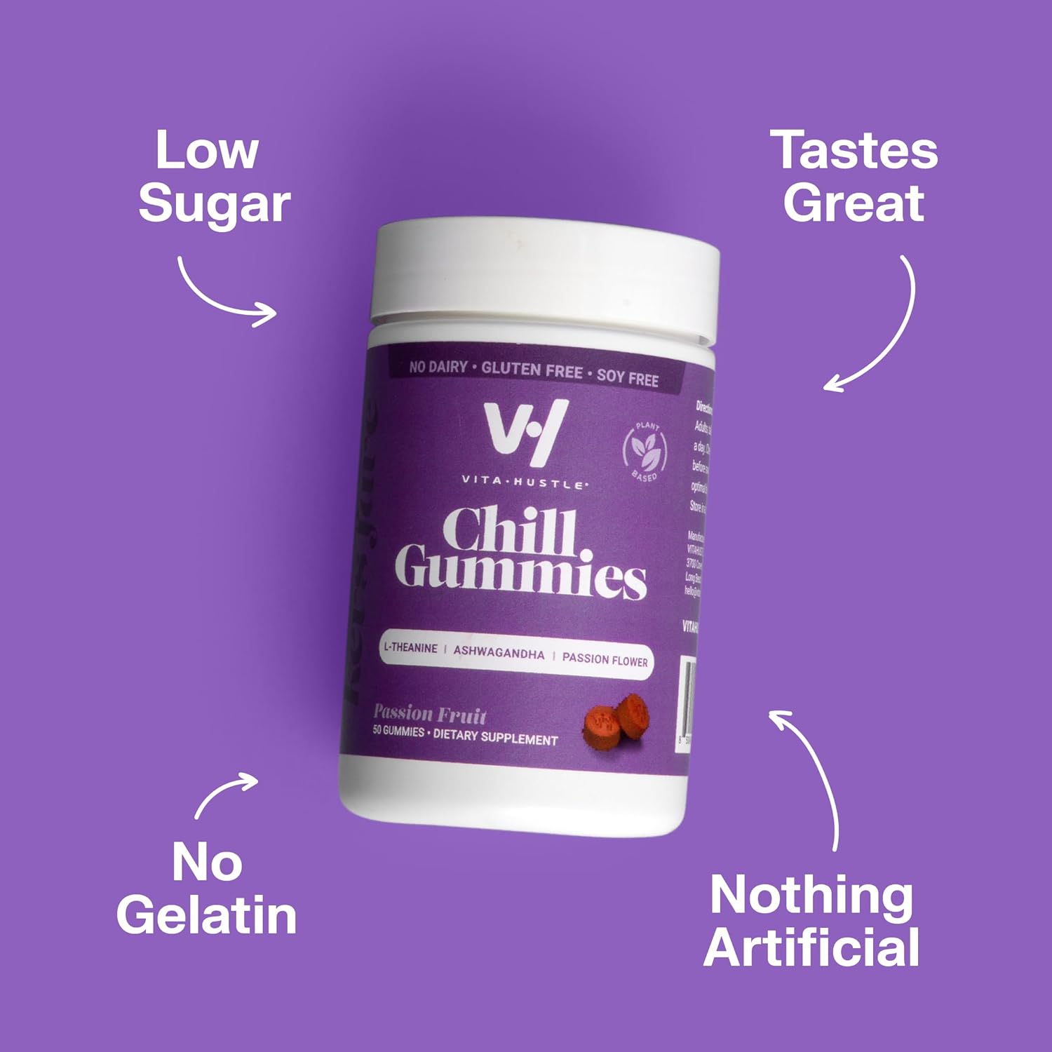 VitaHustle Stress Relief Gummies with 300mg KSM 66 Ashwagandha & L-Theanine - Vegan Mood Gummies for Balance, Focus - 50 Count