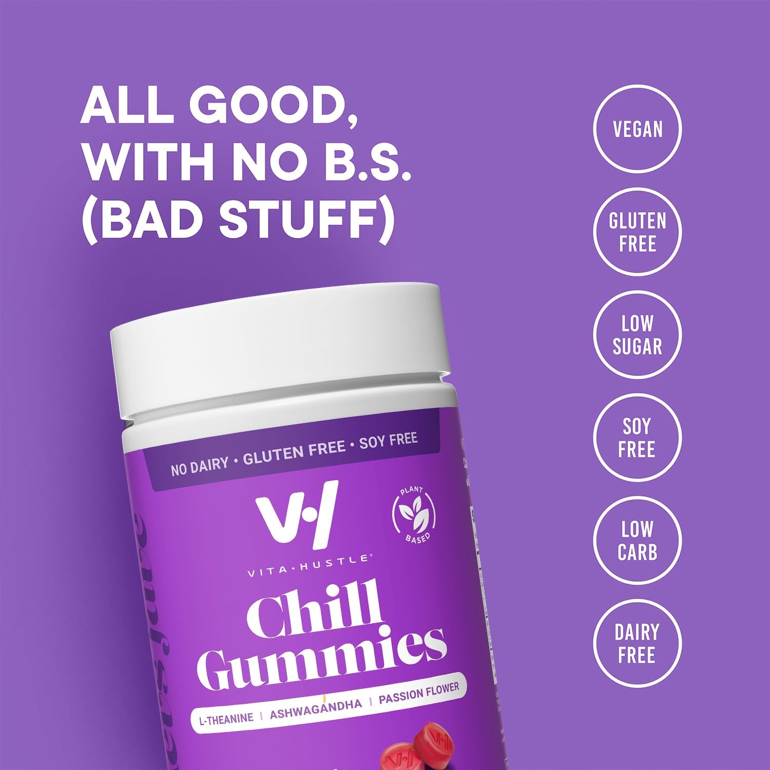 VitaHustle Stress Relief Gummies with 300mg KSM 66 Ashwagandha & L-Theanine - Vegan Mood Gummies for Balance, Focus - 50 Count