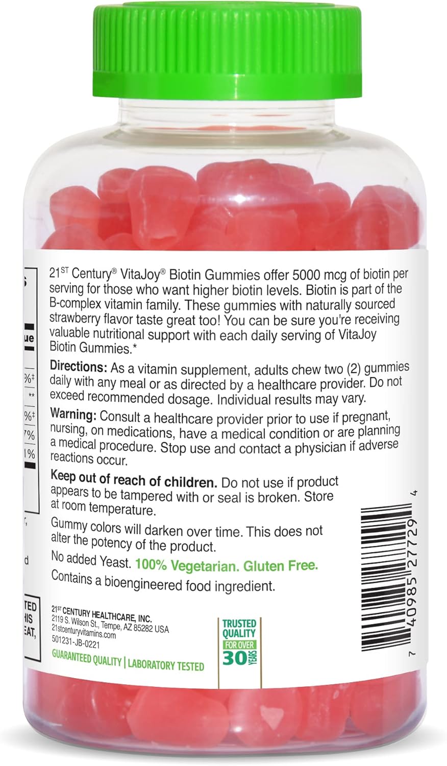 Vitajoy Biotin Gummies, 120 Count, Strawberry Flavor - 21st Century Formula with 27729 Benefit