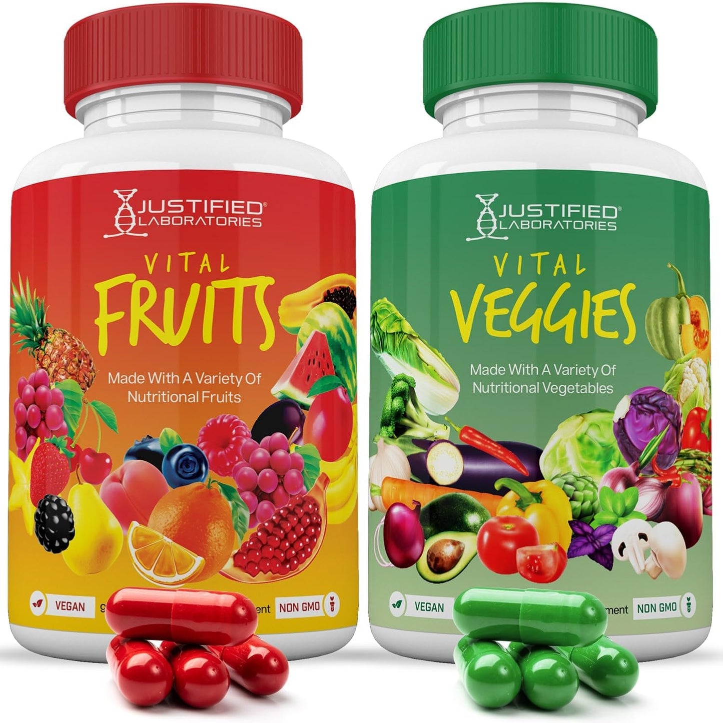 Vital Fruits & Veggies Supplement - Red & Green Superfoods - 2 Bottles of 180 Vegan Capsules - Non GMO