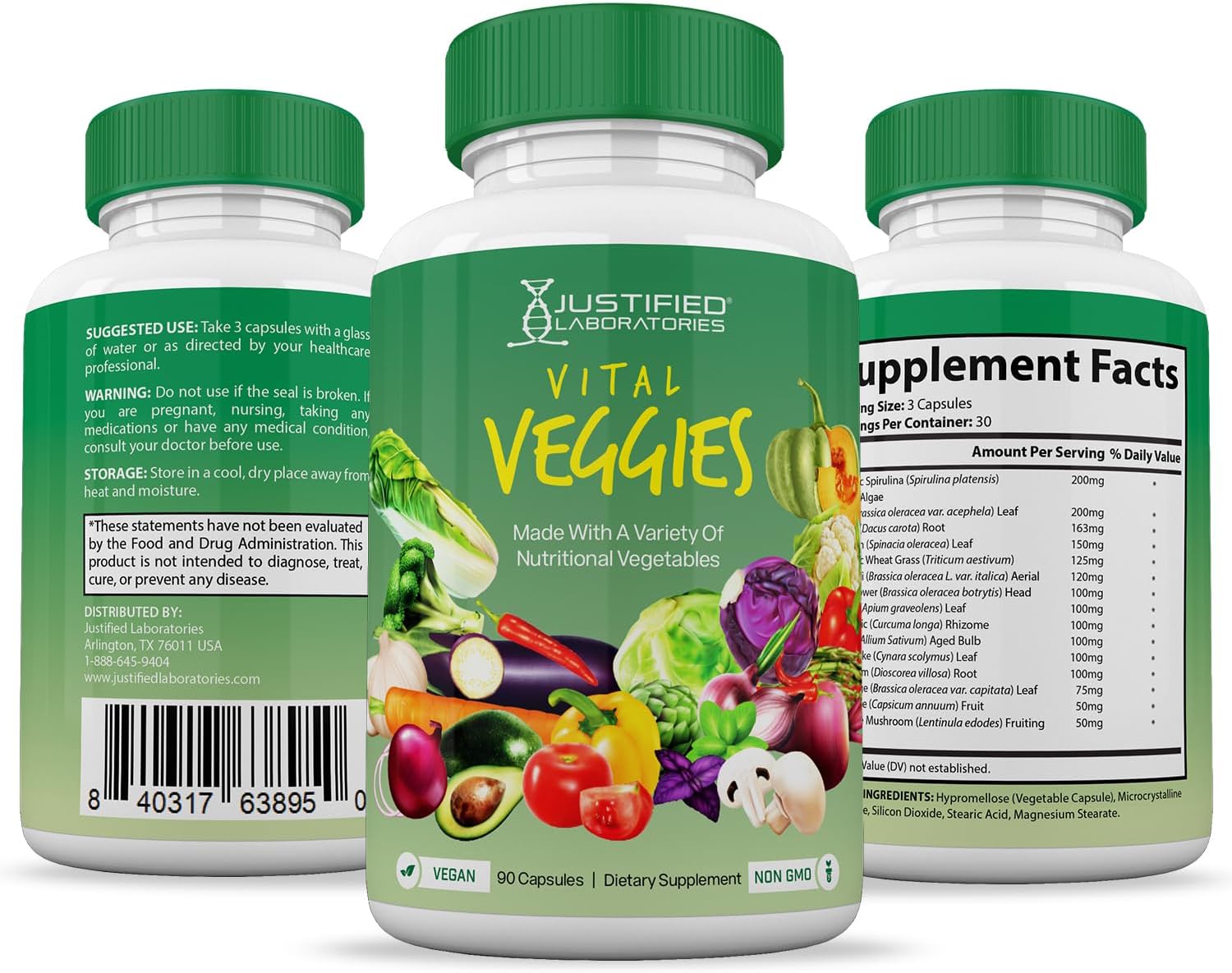 Vital Fruits & Veggies Supplement - Red & Green Superfoods - 2 Bottles of 180 Vegan Capsules - Non GMO