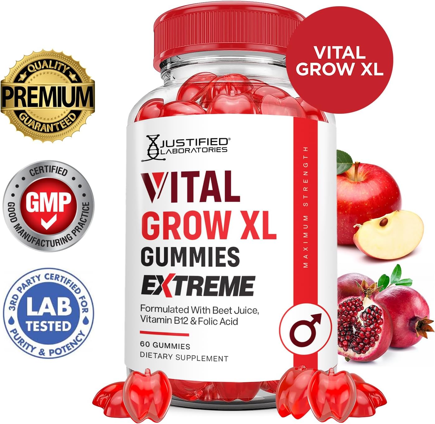 Vital Grow XL Extreme 2000MG Performance Gummies with ACV, Pomegranate, Beet Juice Powder, B12 - 60 Vegan Non GMO Gummies