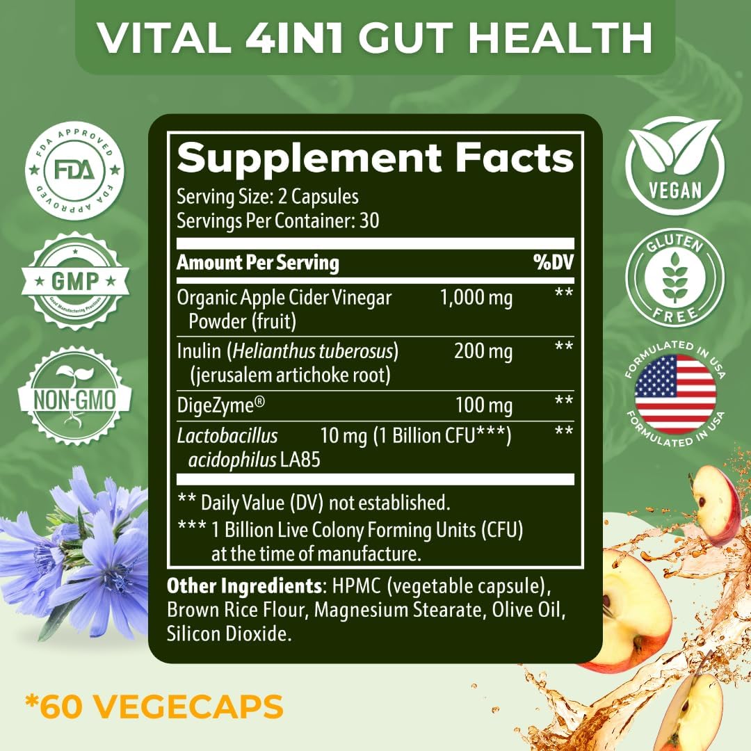 Vital Nutritive Gut Health Formula with ACV, Prebiotics, Probiotics & Digestive Enzymes for Immunity & Digestion
