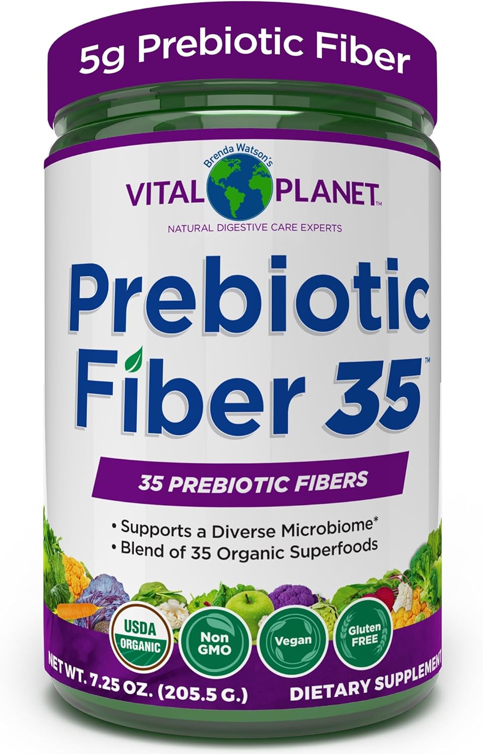 Vital Planet Fiber 35 Powder - Prebiotic Fiber Supplement with Organic Superfoods for Bowel Regularity, 6.77 oz