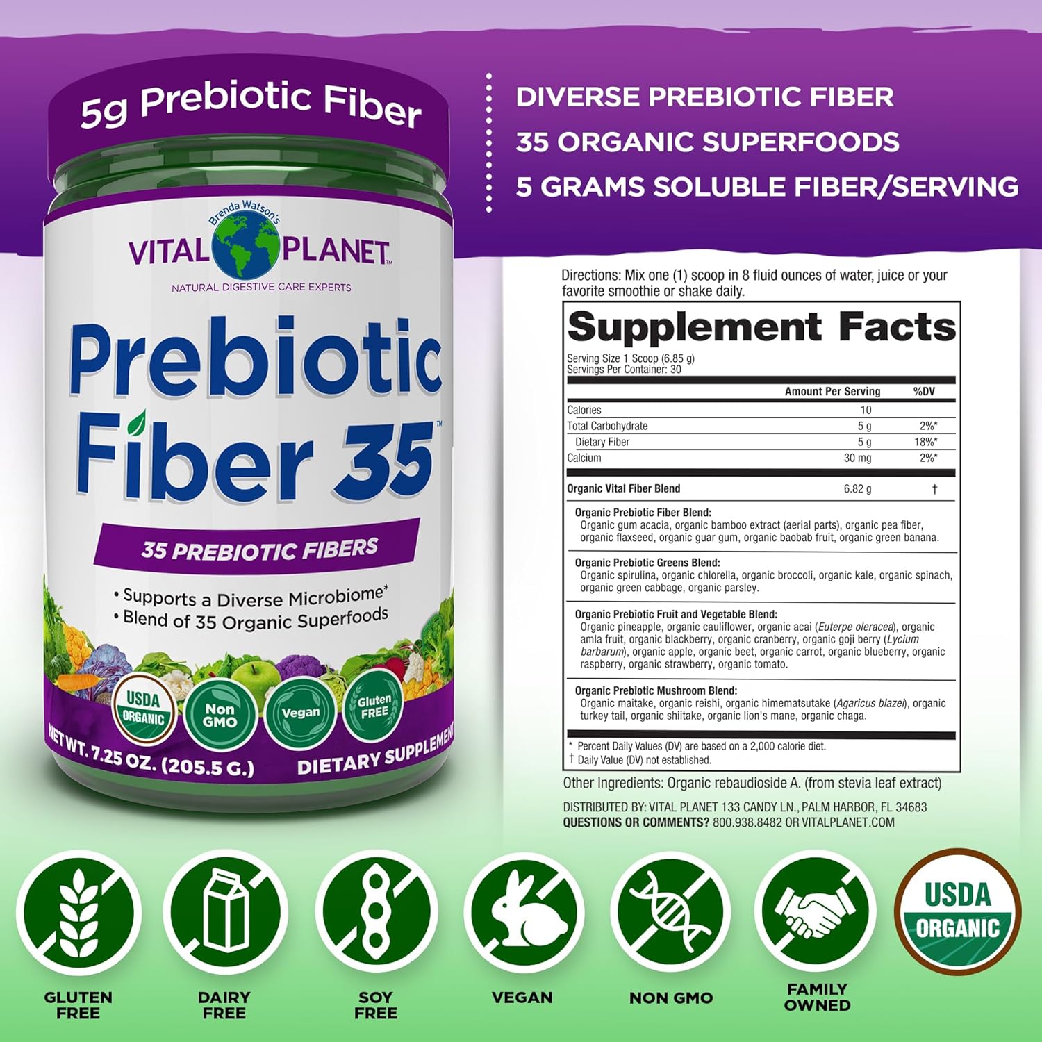 Vital Planet Fiber 35 Powder - Prebiotic Fiber Supplement with Organic Superfoods for Bowel Regularity, 6.77 oz