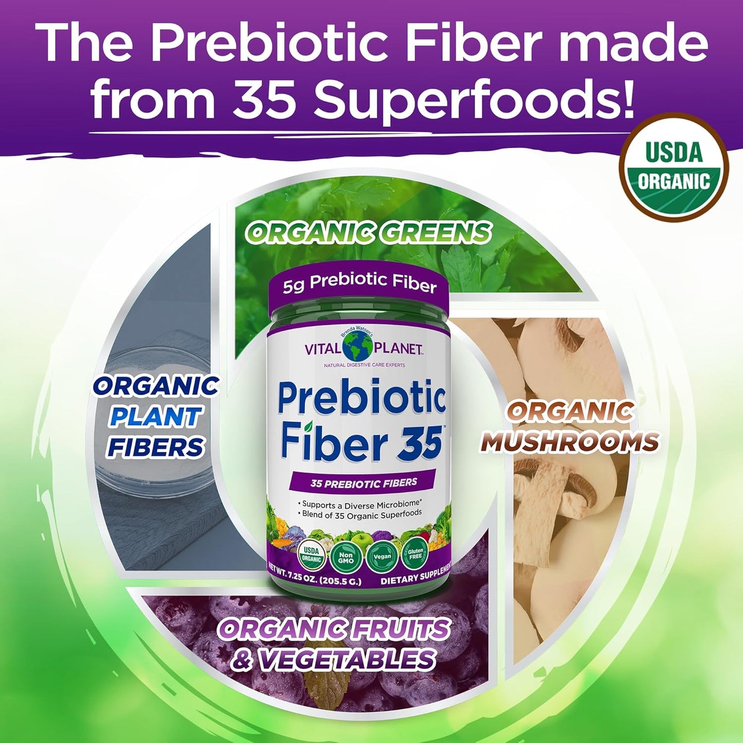 Vital Planet Fiber 35 Powder - Prebiotic Fiber Supplement with Organic Superfoods for Bowel Regularity, 6.77 oz