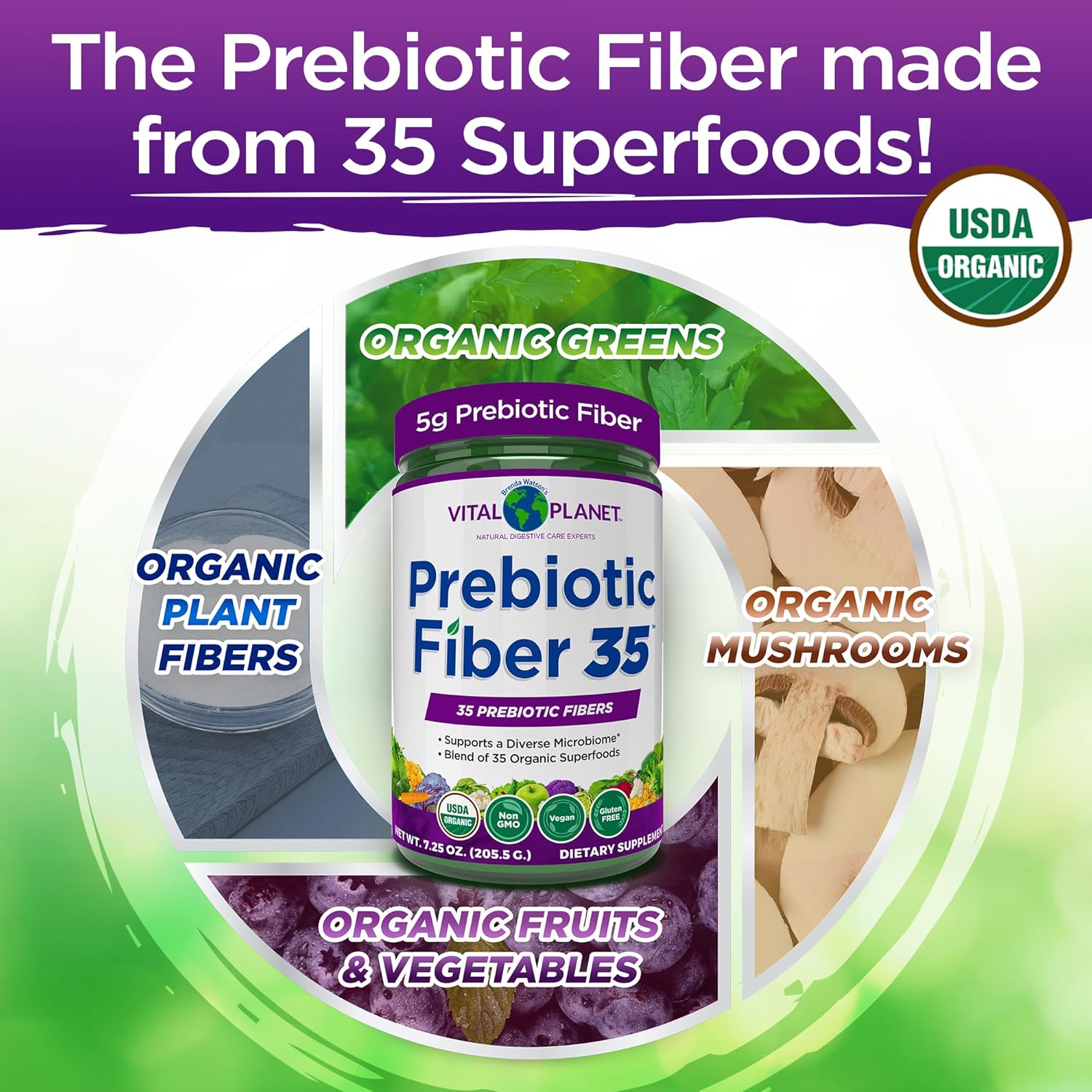 Vital Planet Fiber 35 Powder - Prebiotic Fiber Supplement with Organic Superfoods for Bowel Regularity, 6.77 oz