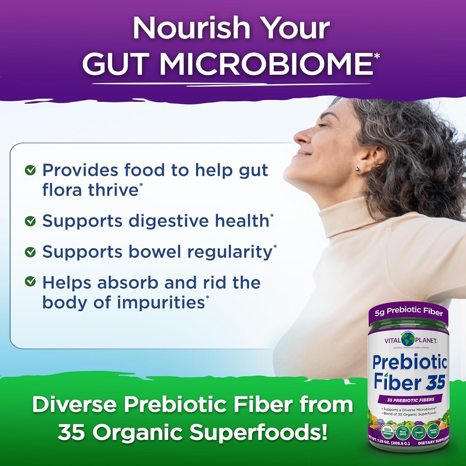 Vital Planet Fiber 35 Powder - Prebiotic Fiber Supplement with Organic Superfoods for Bowel Regularity, 6.77 oz