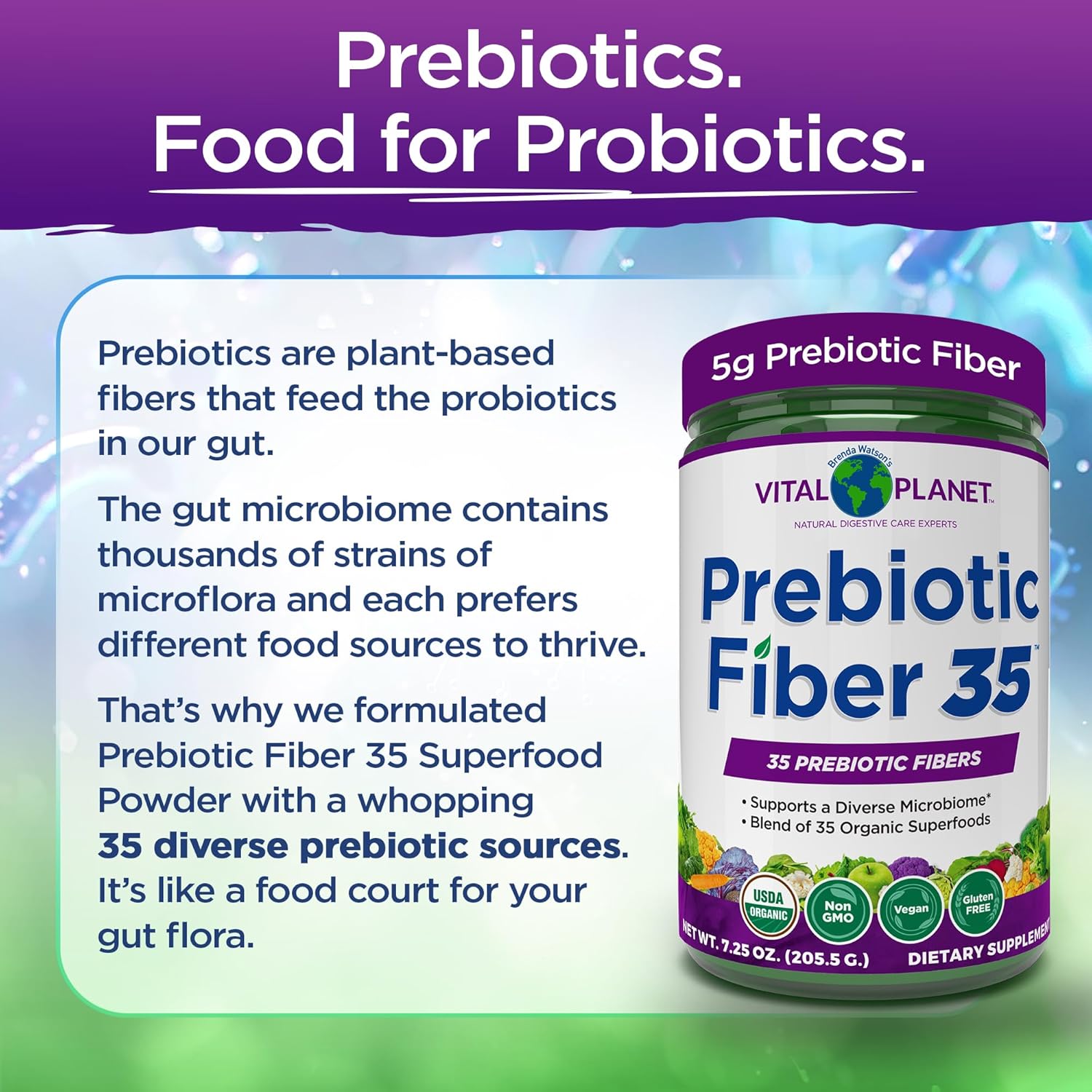 Vital Planet Fiber 35 Powder - Prebiotic Fiber Supplement with Organic Superfoods for Bowel Regularity, 6.77 oz