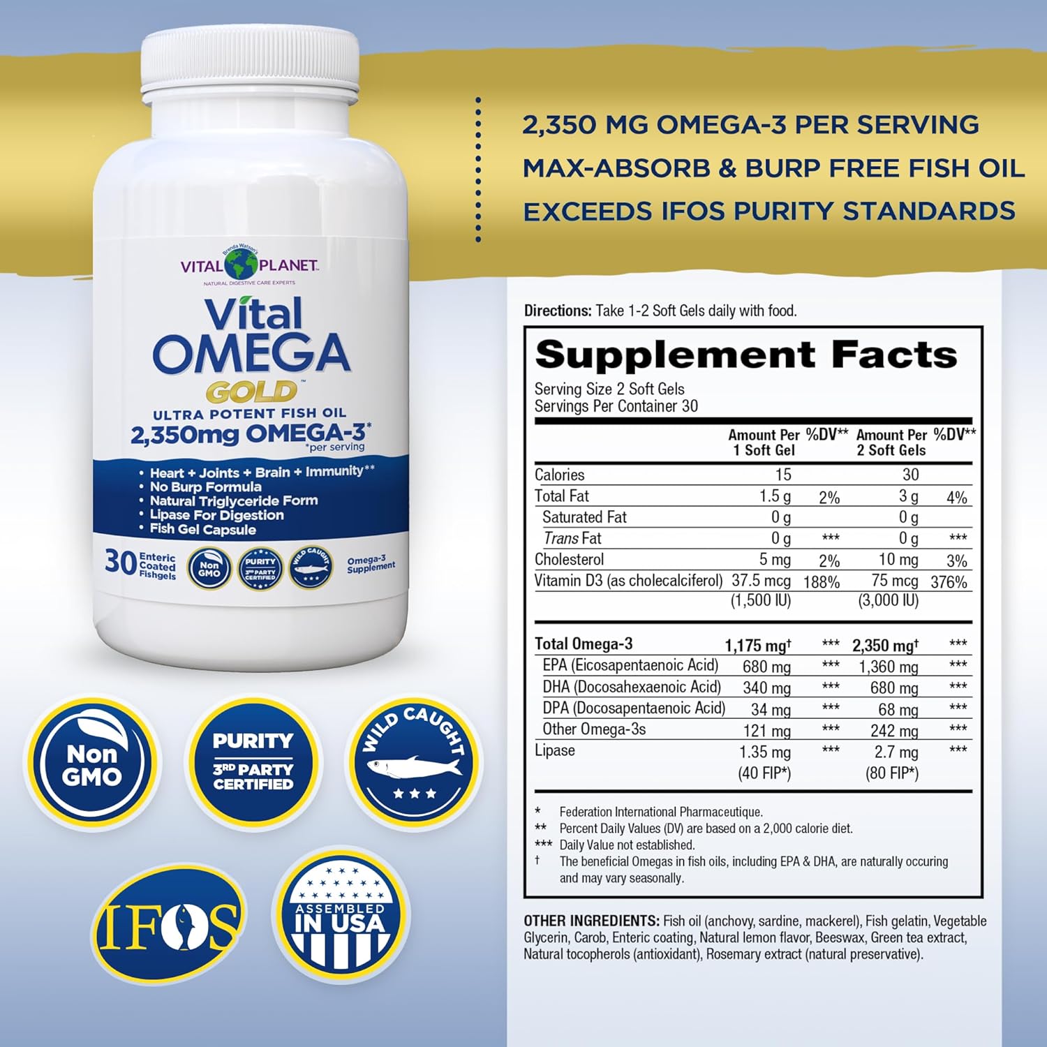 Vital Planet Vital Omega Ultra Potent Fish Oil Supplement 2350mg EPA DHA Brain Heart Health 30 Softgels