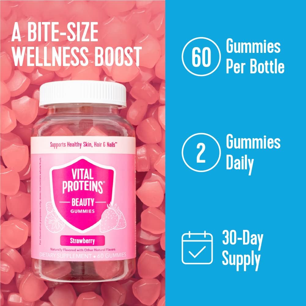 Vital Proteins Beauty Gummies with Biotin, Vitamin A, and Zinc - Supports Healthy Hair, Skin, Nails - 60 ct Strawberry Gummies