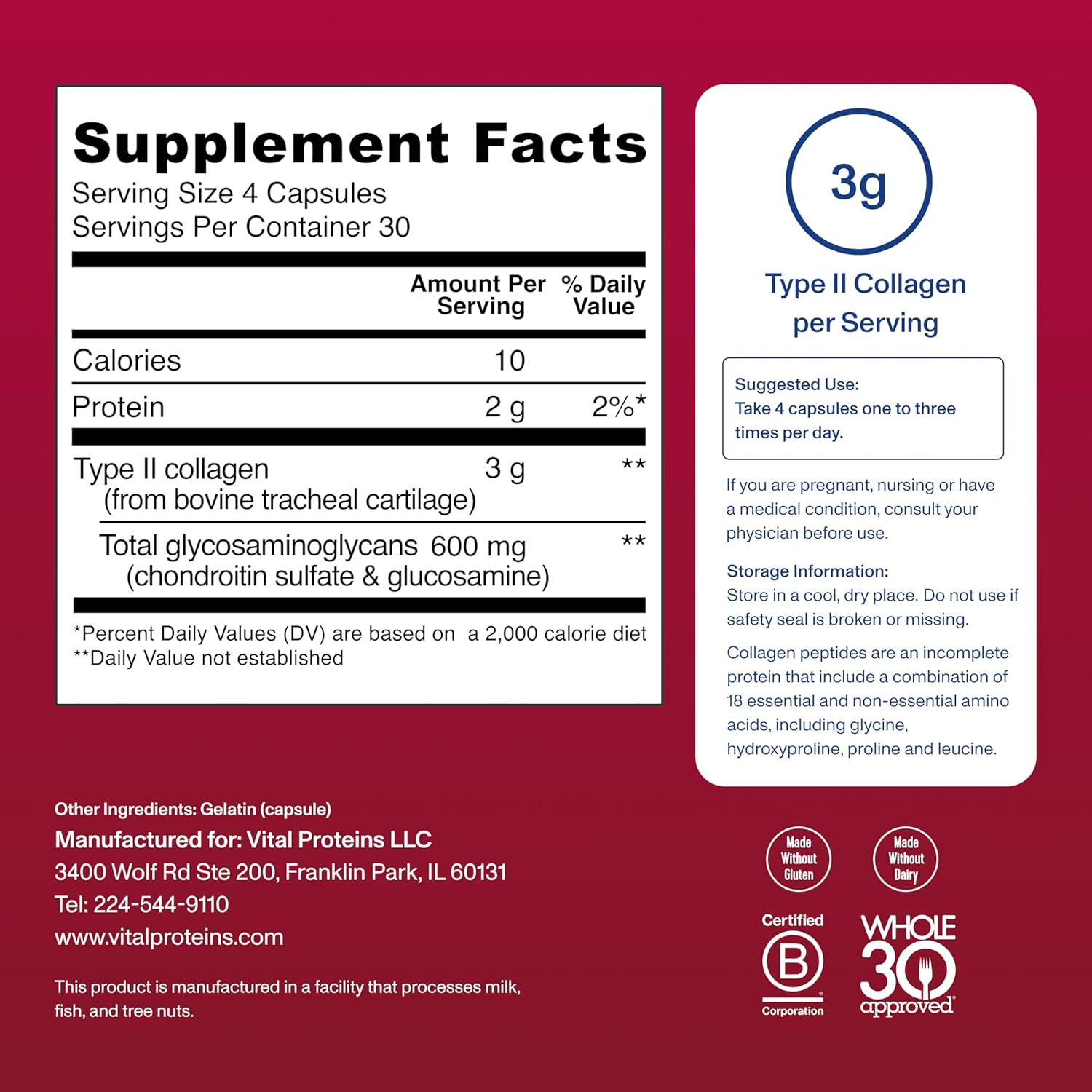 Vital Proteins Cartilage Collagen Pills - Type II Collagen & Chondroitin Sulfate Supplement for Recovery & Wellness - 750mg, 120 Capsules