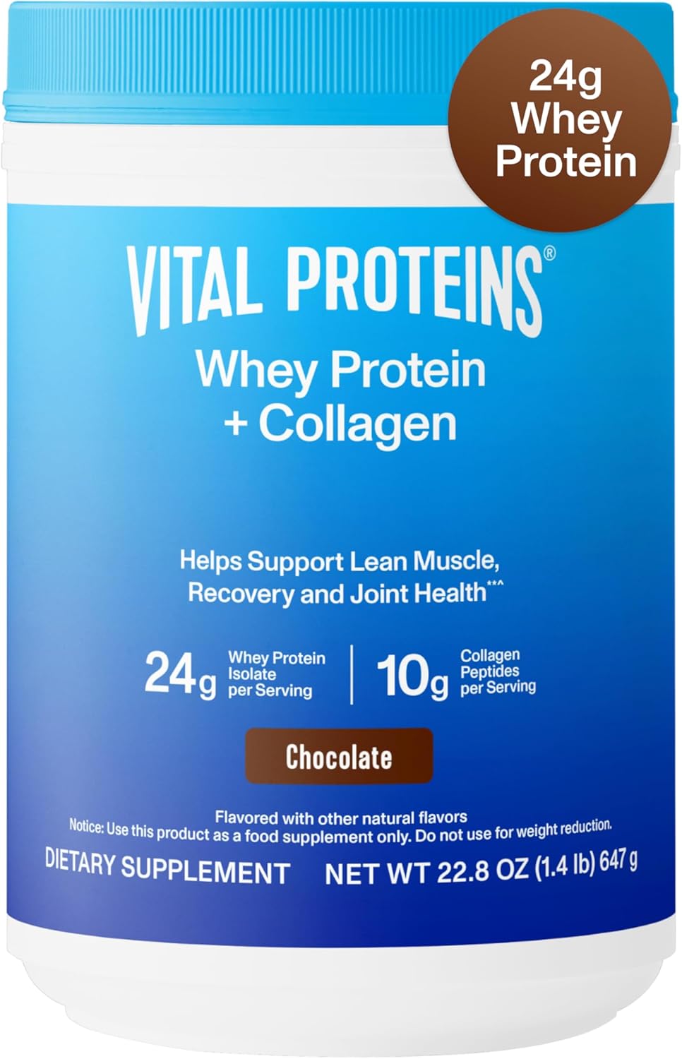 Vital Proteins Chocolate Whey Protein Powder with Collagen Peptides, 24g Protein for Recovery & Joint Health, Vitamin C, 16 Servings