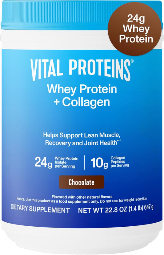 Vital Proteins Chocolate Whey Protein Powder with Collagen Peptides, 24g Protein for Recovery & Joint Health, Vitamin C, 16 Servings