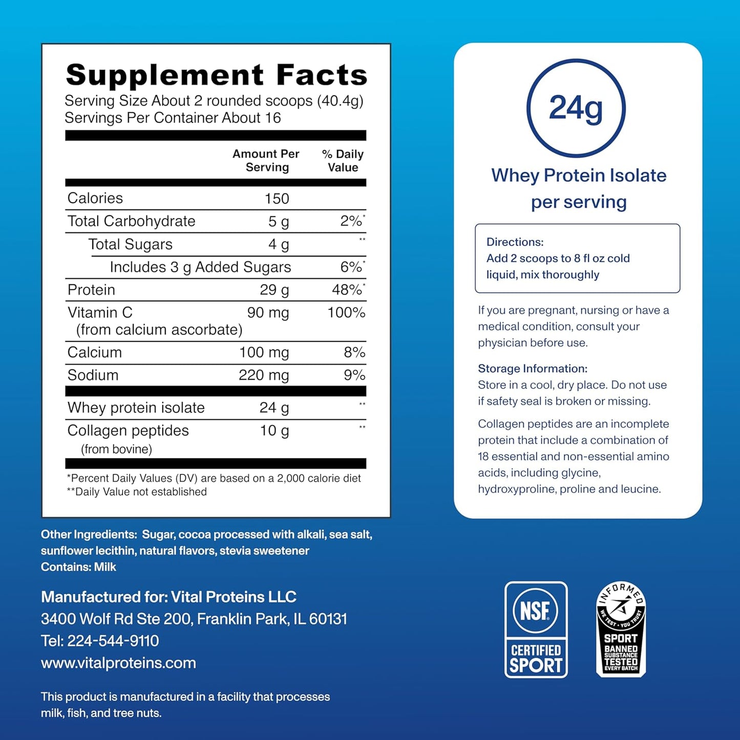 Vital Proteins Chocolate Whey Protein Powder with Collagen Peptides, 24g Protein for Recovery & Joint Health, Vitamin C, 16 Servings