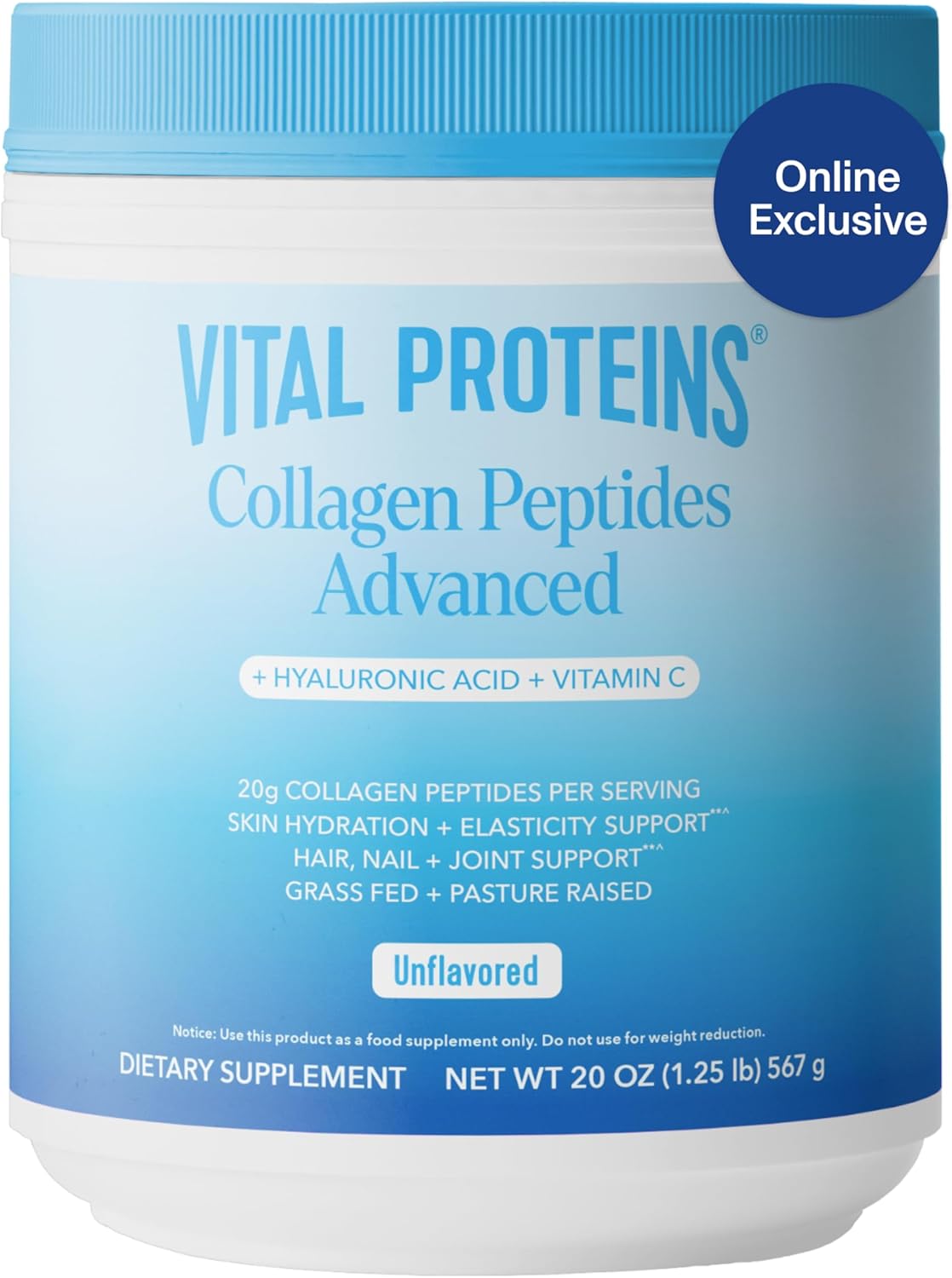 Vital Proteins Collagen Peptides Powder with Hyaluronic Acid and Vitamin C - 20 oz, Unflavored