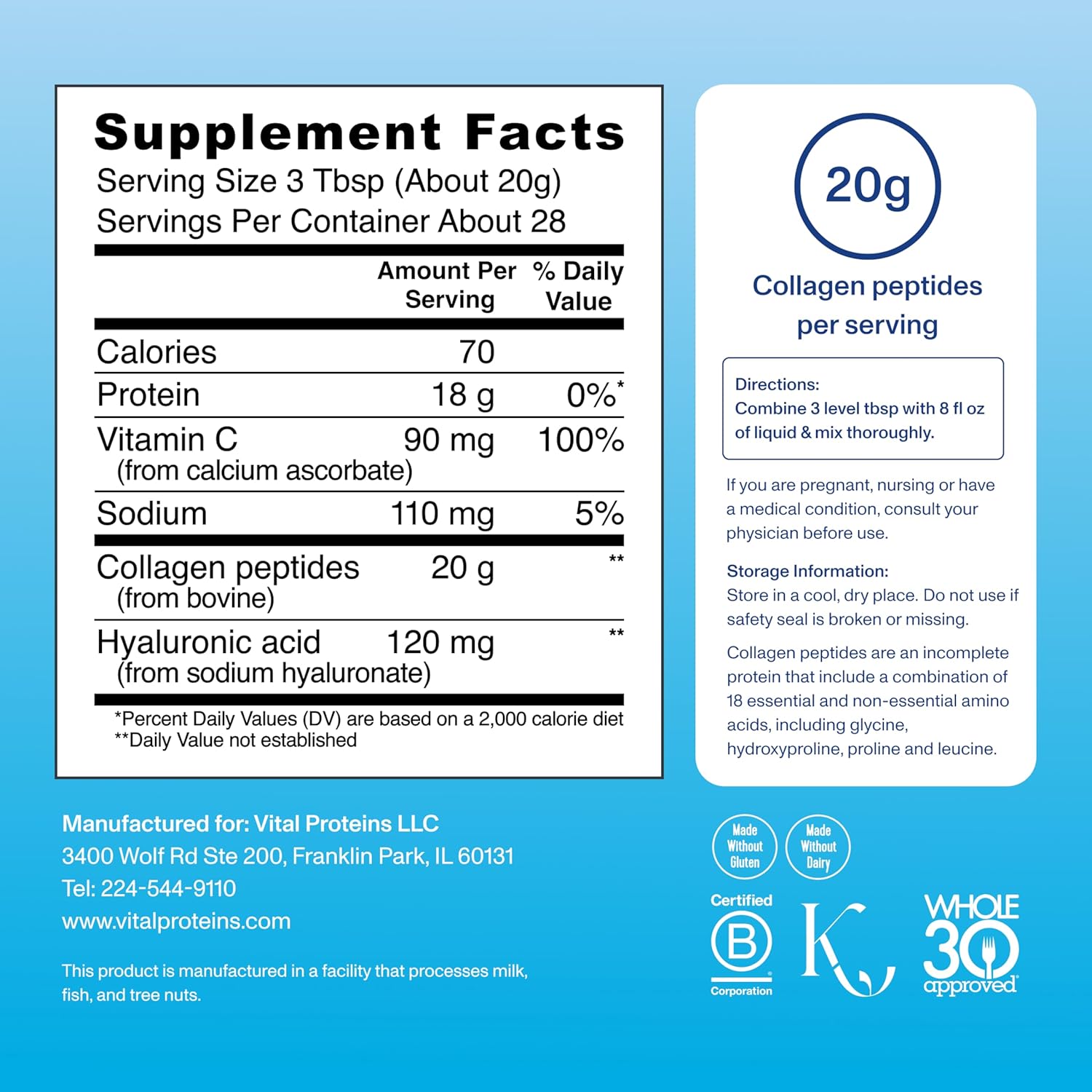 Vital Proteins Collagen Peptides Powder with Hyaluronic Acid and Vitamin C - 20 oz, Unflavored
