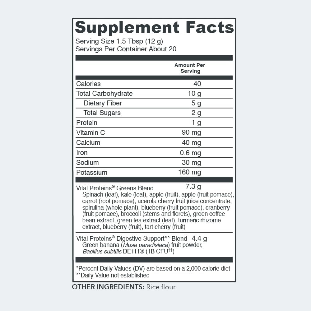 Vital Proteins Daily Greens Supplement, Unflavored, 8.6 OZ Bottle