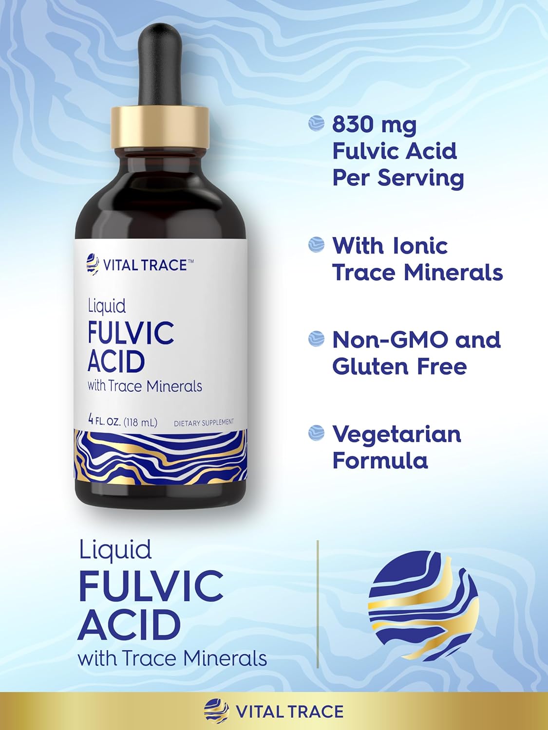 Vital Trace Liquid Fulvic Acid Drops 4 fl oz - Ionic Supplement with Trace Minerals for Vegetarians, Non-GMO & Gluten-Free