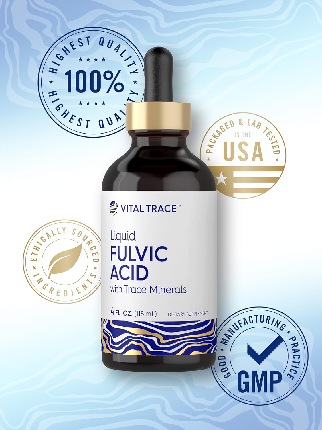 Vital Trace Liquid Fulvic Acid Drops 4 fl oz - Ionic Supplement with Trace Minerals for Vegetarians, Non-GMO & Gluten-Free