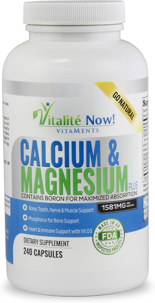 Vitalité Now! Calcium, Magnesium, Vitamin D3 Capsules w/ Boron - 10 Forms for Bone Strength - Natural 240ct - 2 Month Supply
