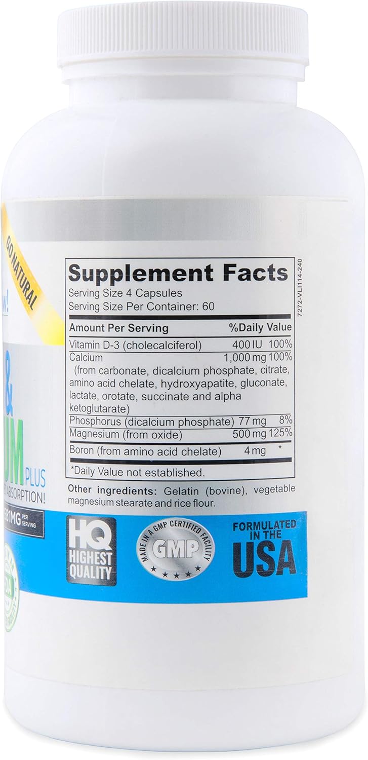 Vitalité Now! Calcium, Magnesium, Vitamin D3 Capsules w/ Boron - 10 Forms for Bone Strength - Natural 240ct - 2 Month Supply