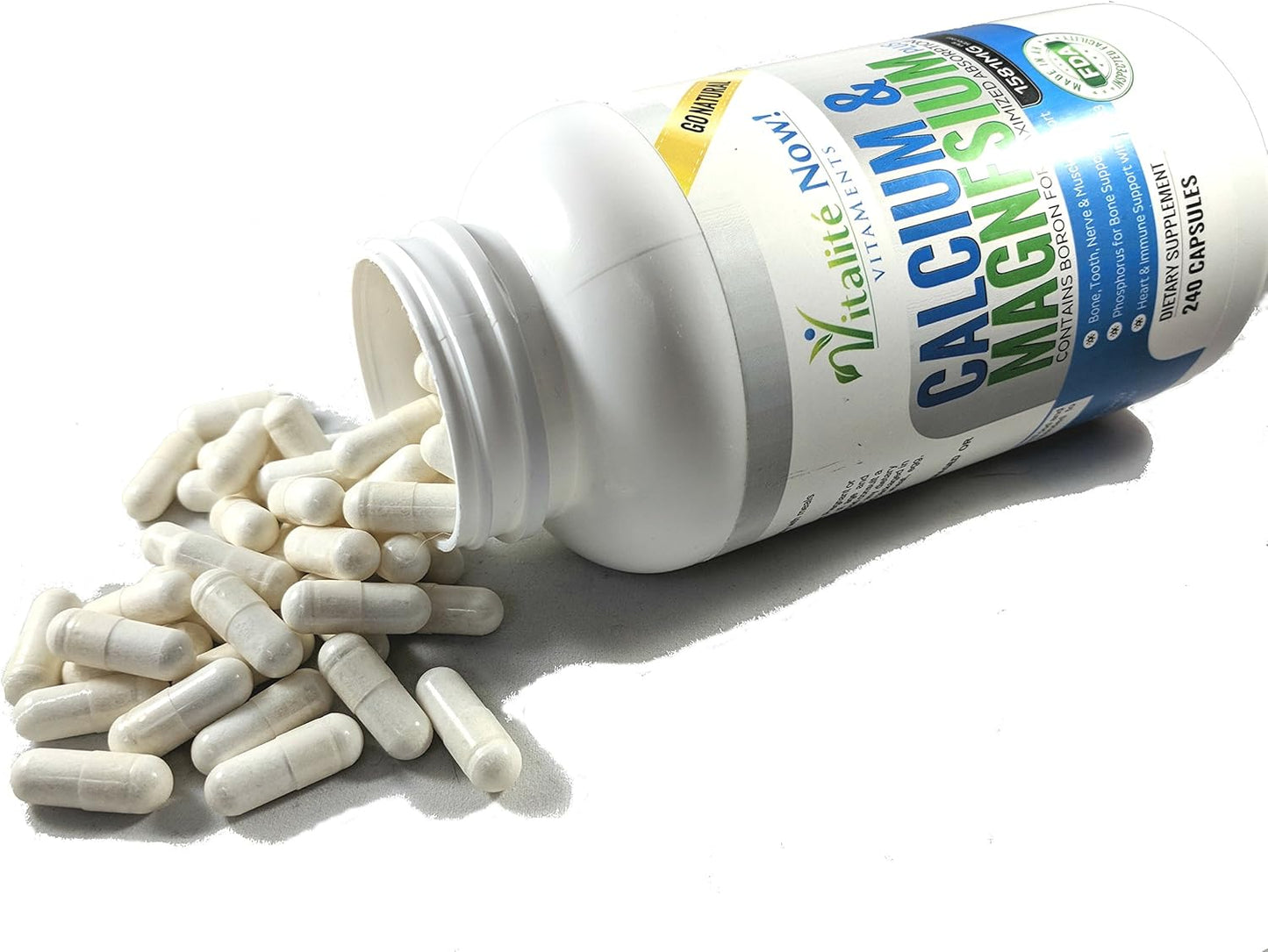 Vitalité Now! Calcium, Magnesium, Vitamin D3 Capsules w/ Boron - 10 Forms for Bone Strength - Natural 240ct - 2 Month Supply