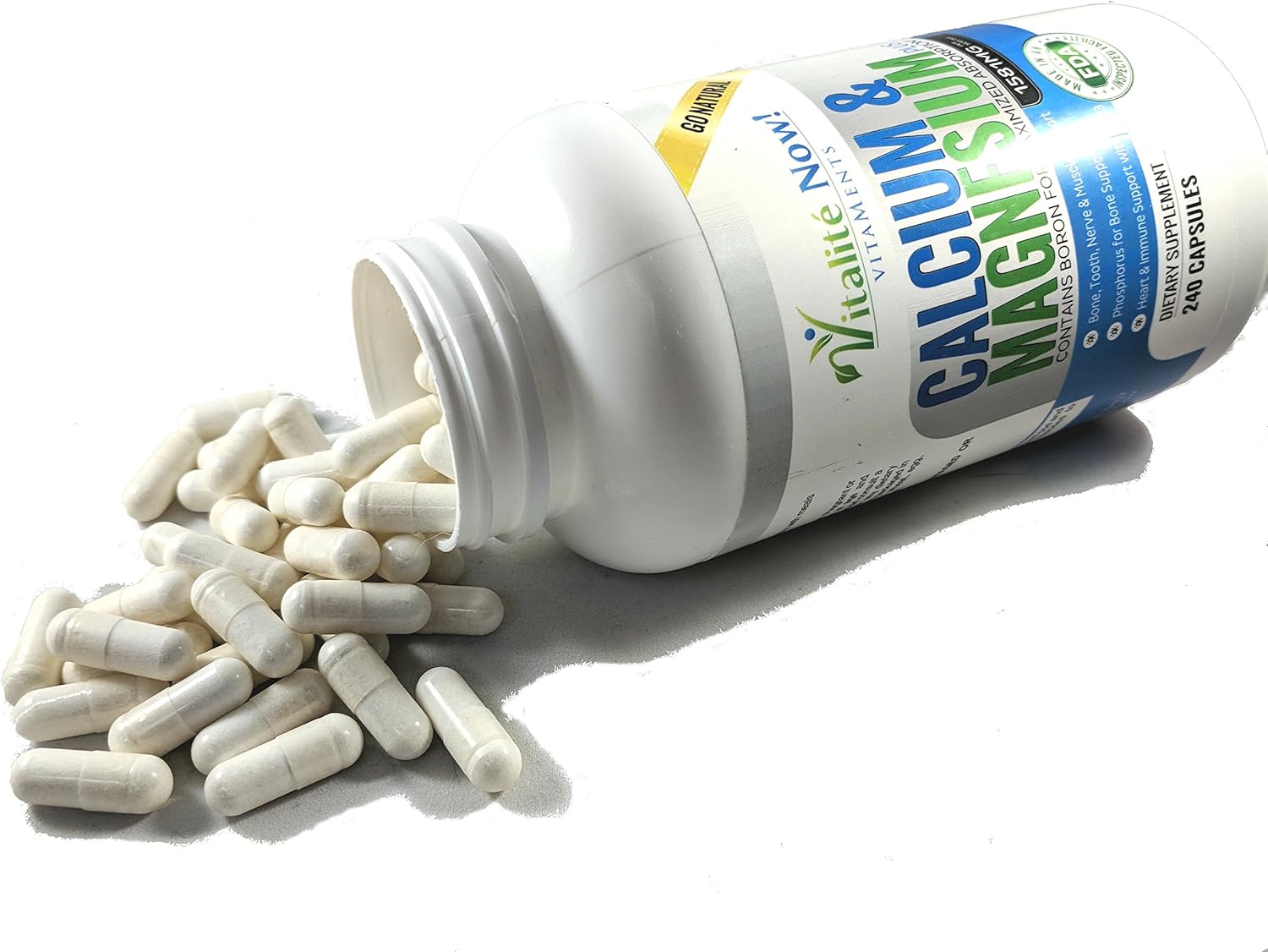 Vitalité Now! Calcium, Magnesium, Vitamin D3 Capsules w/ Boron - 10 Forms for Bone Strength - Natural 240ct - 2 Month Supply