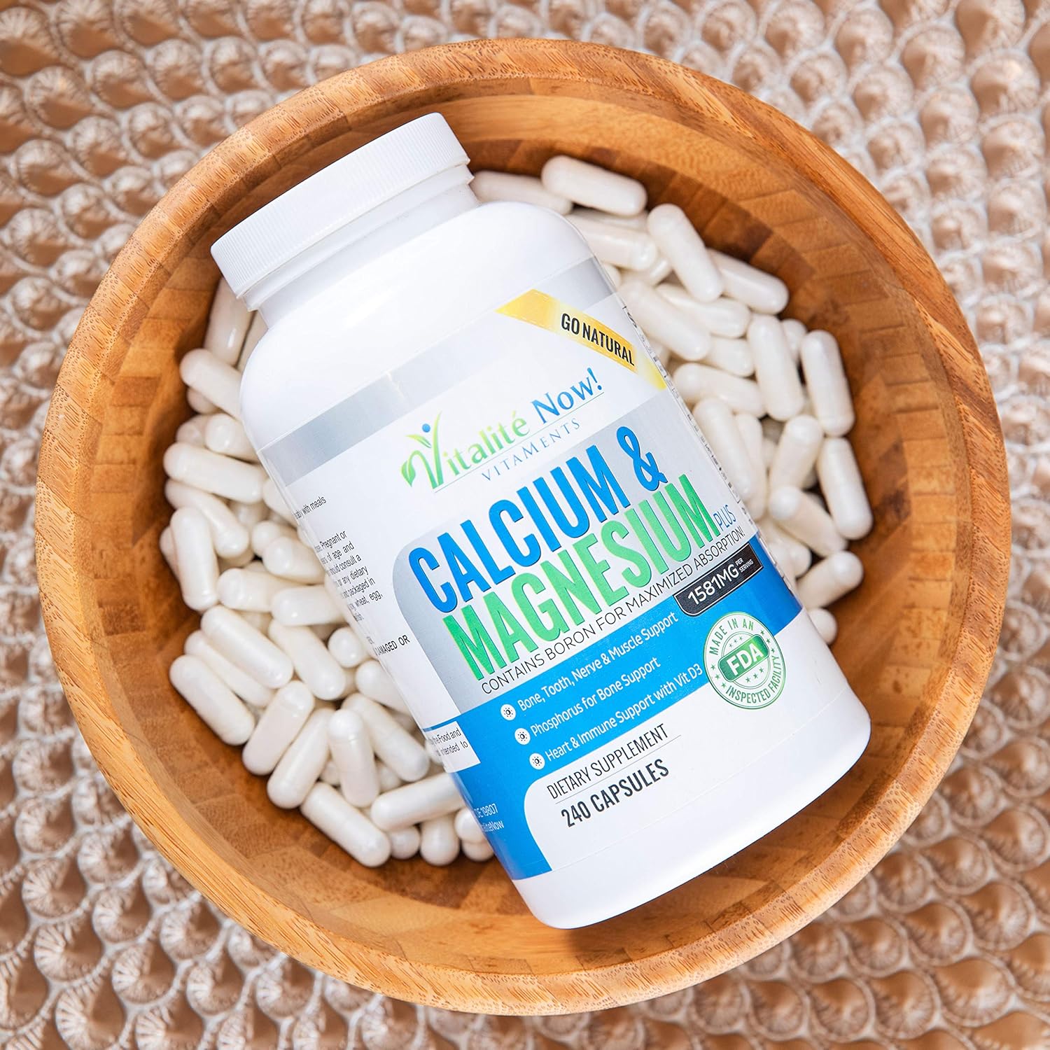 Vitalité Now! Calcium, Magnesium, Vitamin D3 Capsules w/ Boron - 10 Forms for Bone Strength - Natural 240ct - 2 Month Supply