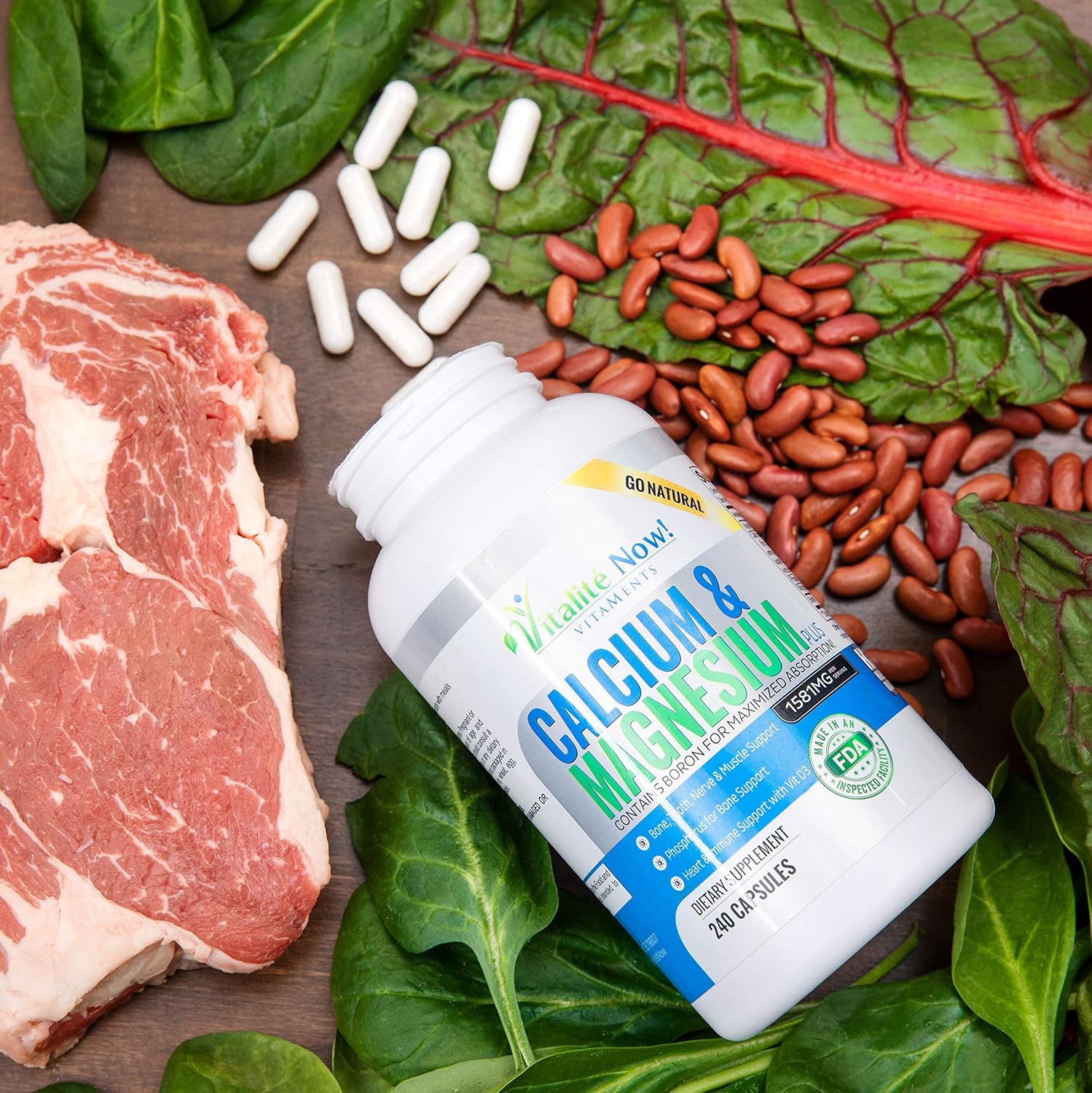 Vitalité Now! Calcium, Magnesium, Vitamin D3 Capsules w/ Boron - 10 Forms for Bone Strength - Natural 240ct - 2 Month Supply