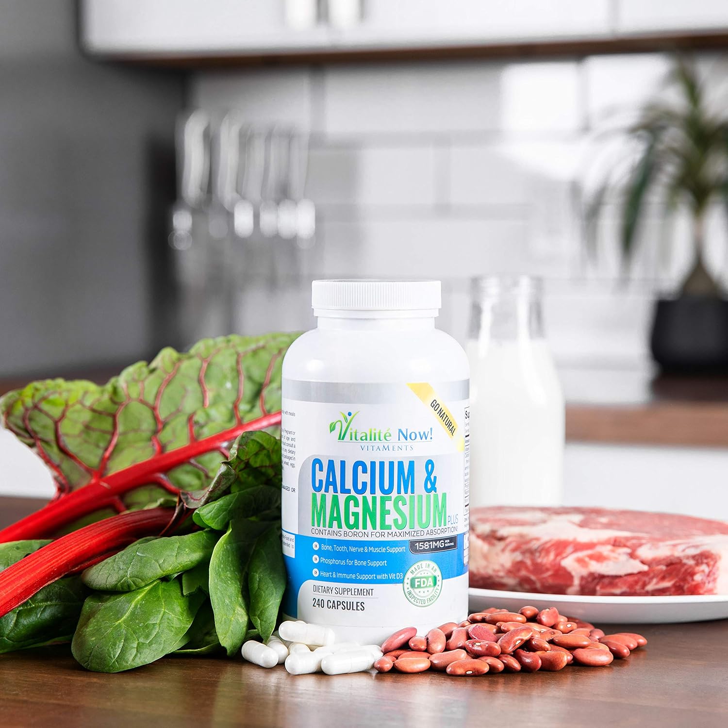 Vitalité Now! Calcium, Magnesium, Vitamin D3 Capsules w/ Boron - 10 Forms for Bone Strength - Natural 240ct - 2 Month Supply