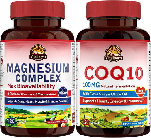 Vitalitown Heart Health Bundle: Magnesium 4-in-1 Complex and CoQ10 100 MG - 240 Capsules for Heart Support